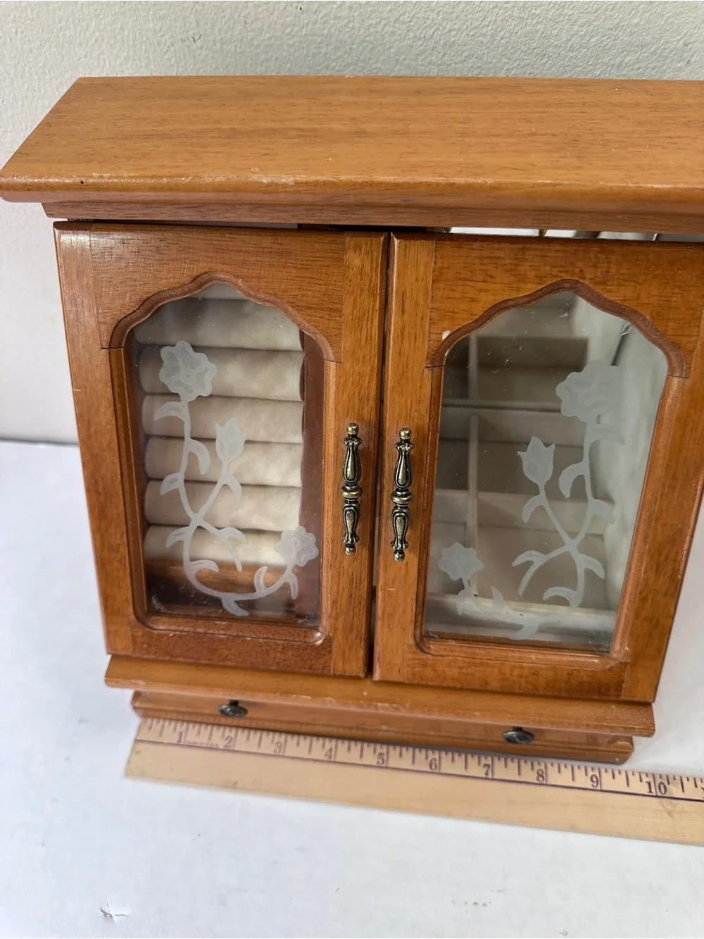 Vintage Wooden Jewelry Armoire Box Etched Glass Rose Doors Drawer